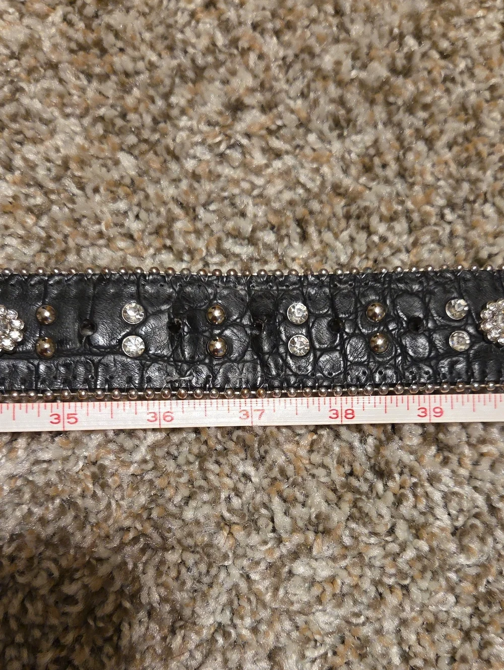 Black Western Belt with Rhinestone Floral Details and Silver Buckle
